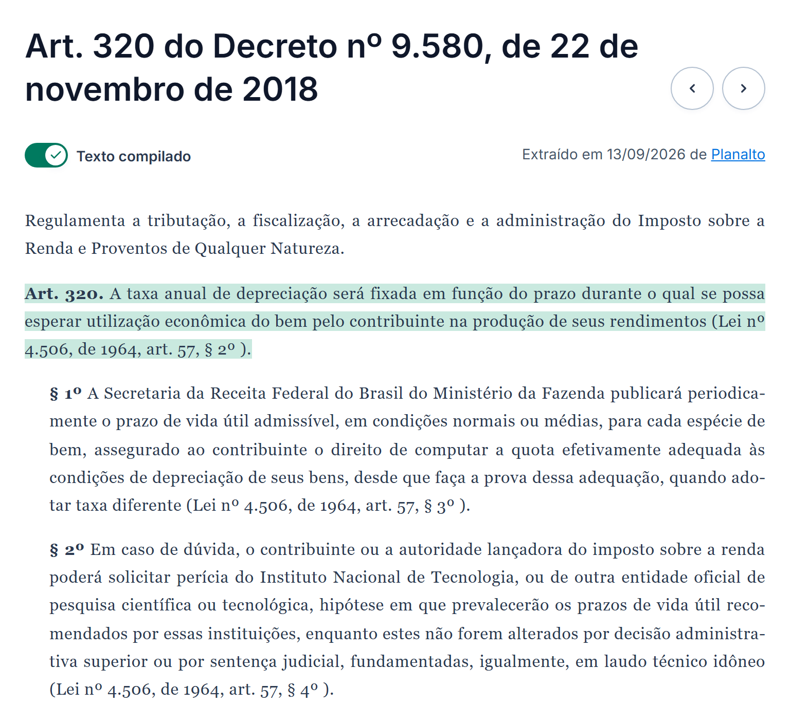 Trecho do JusBrasil com o art. 320 do Decreto 9.580/2018 e os §§ 1º e 2º: a taxa de depreciação segue o prazo de utilização econômica do bem, e prevalece a vida útil recomendada por entidade oficial em laudo técnico idôneo.
